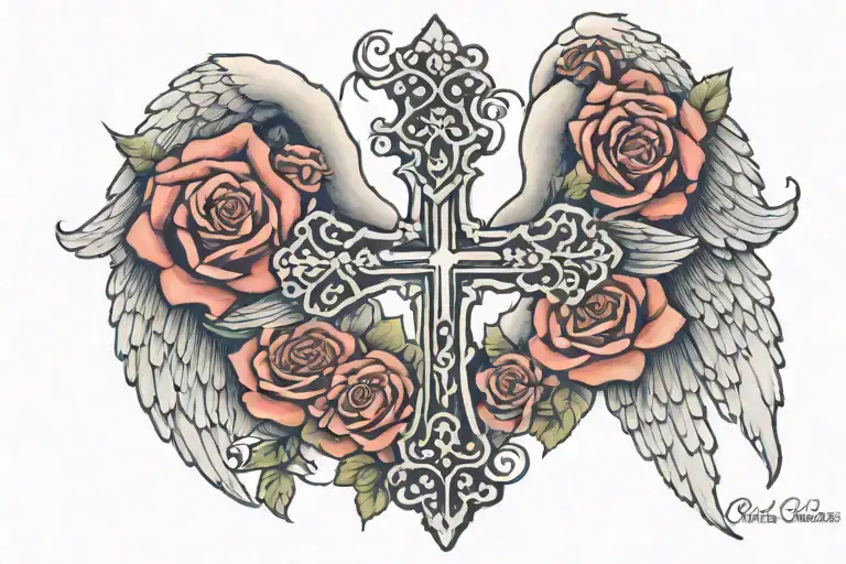 angel wings rose cross memorial tattoo design idea