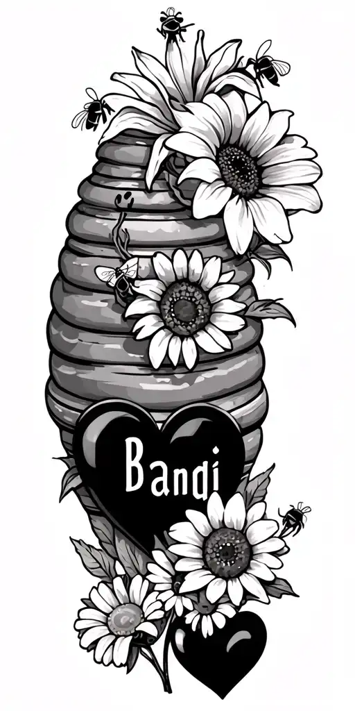 bee hive, bees, lilies, daisies, sunflowers, dog paw with the text "Bandi" and a black heart next to it tattoo design idea