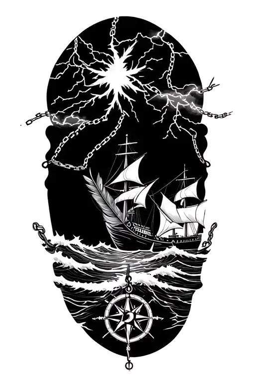 nautical themed. Collage of rough seas, lightning, angry skies, ship, compass, quill feather pen, anchor and chains, map tattoo design idea