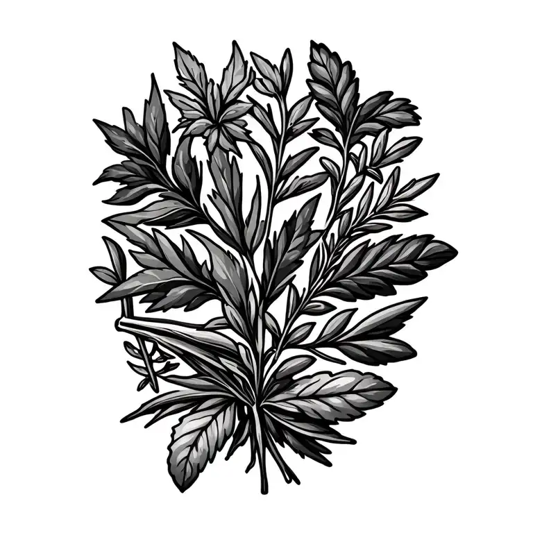 fresh kitchen herbs, branches leaves intertwined, tyme, basil, rosemary, oregano, sage, chili, pepper, garlic, chives tattoo design idea