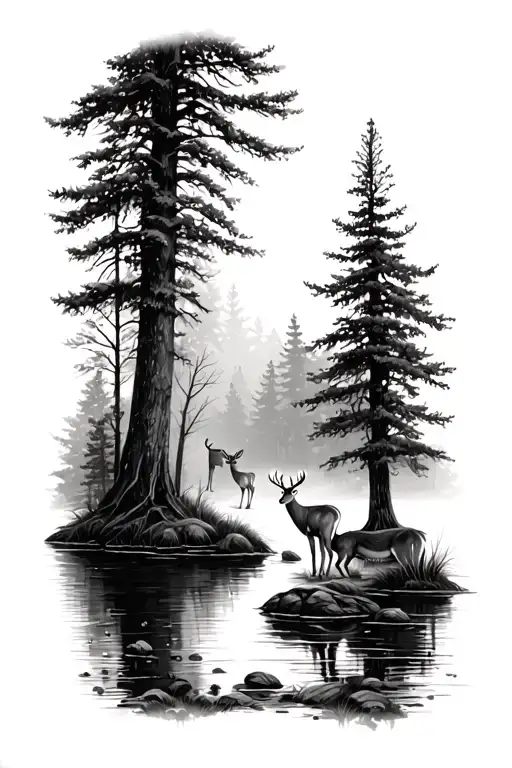 forest landscape with pond and two deer tattoo design idea