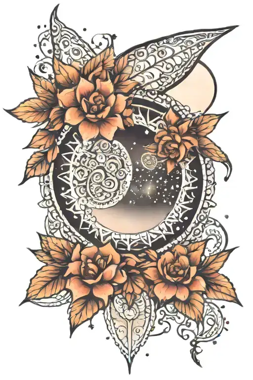 moon with galaxy mandala bohemian lace tattoo design idea