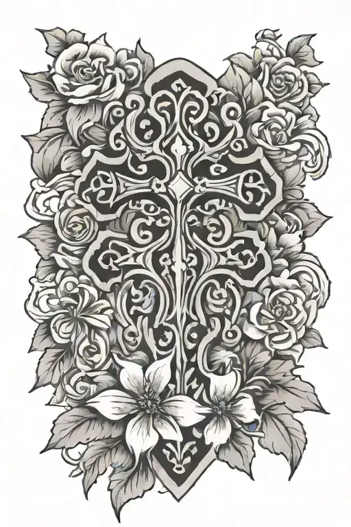 Irish cross surrounded by flowers tattoo design idea