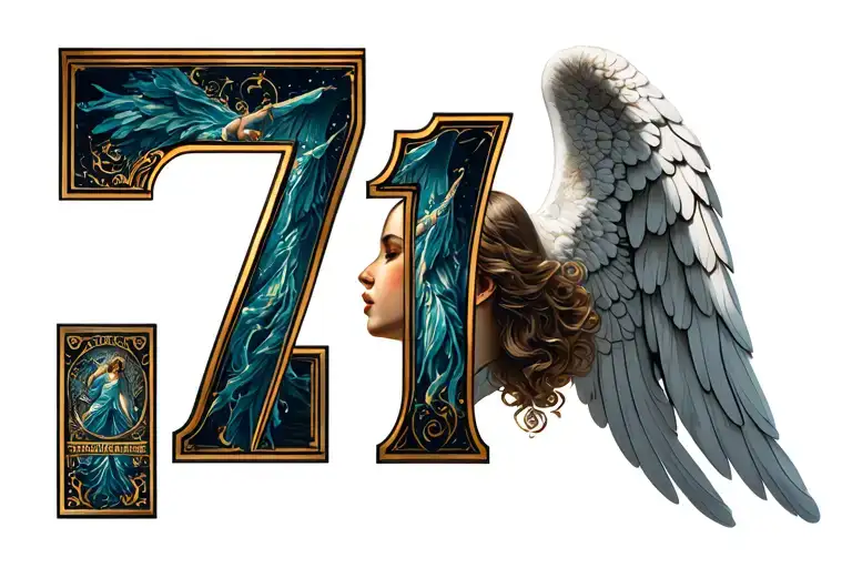 the numbers 717 with a feminine angel for a neck sleeve tattoo design idea