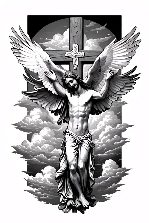 2 doves over Jesus Christ while he is overlooking a cross with clouds behind everything tattoo design idea