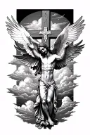 2 doves over Jesus Christ while he is overlooking a cross with clouds behind everything tattoo design idea