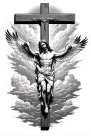 2 doves over Jesus Christ while he is overlooking a cross with clouds behind everything tattoo design idea