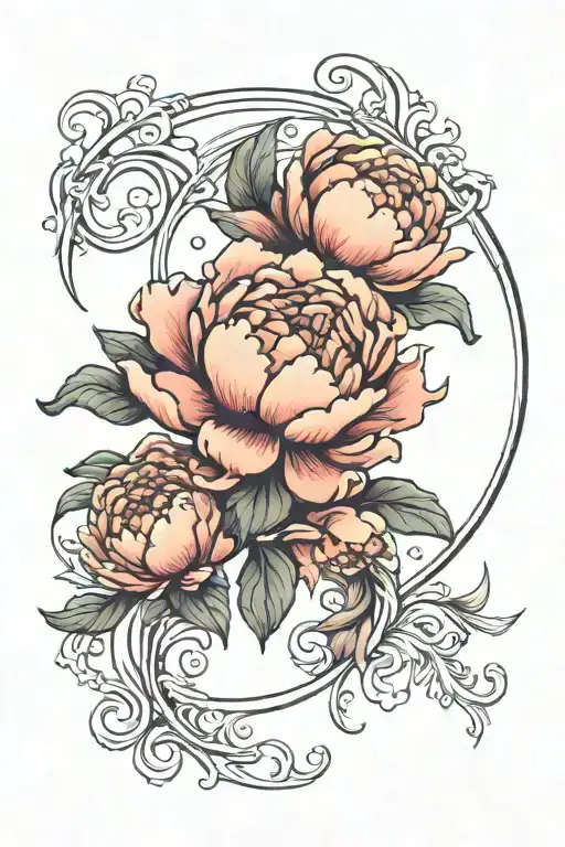 peony, art nouveau, crescent moon tattoo design idea
