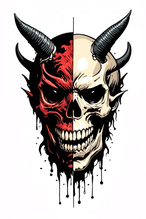 Face splitted in half, behind that splitted face is a demon skull tattoo design idea