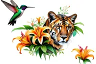 hummingbird and mountain-lion surrounded by tiger-lily plants tattoo design idea