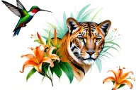 hummingbird and mountain-lion surrounded by tiger-lily plants tattoo design idea