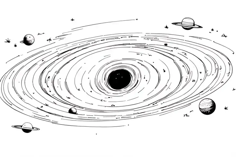 A black hole wher you can see the disc and some planets orbiting around it. The black whole is from interstellar tattoo design idea