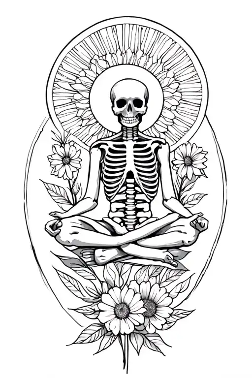 skeleton meditating, big sun , flowers as filler for sleevee tattoo design idea