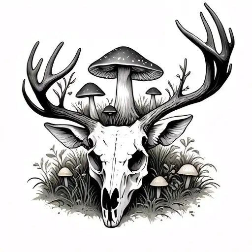 mule deer skull and mushrooms growing on it tattoo design idea