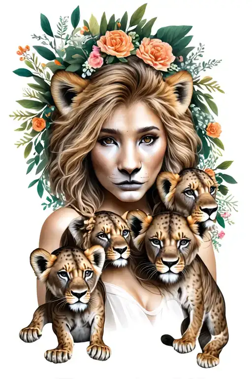 A women with a lion mask with three lion cubs, each representing one of your children, surrounded by a wreath of flowers tattoo design idea