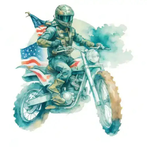 A new-school style tattoo of a motorcycle rider in full USMC gear, riding through a patriotic American landscape, symbolizing the client's passion for motorcycles and their service in the Marine Corps tattoo design idea