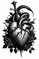 dagger piercing through a realistic bleeding human heart ensnared by black roses with thorns. Add a black mamba wrapped tattoo design idea