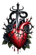 dagger piercing through a realistic bleeding human heart ensnared by black roses with thorns. Add a black mamba wrapped tattoo design idea