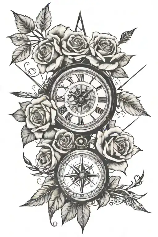 roses clock compass arrow cross tattoo tattoo design idea