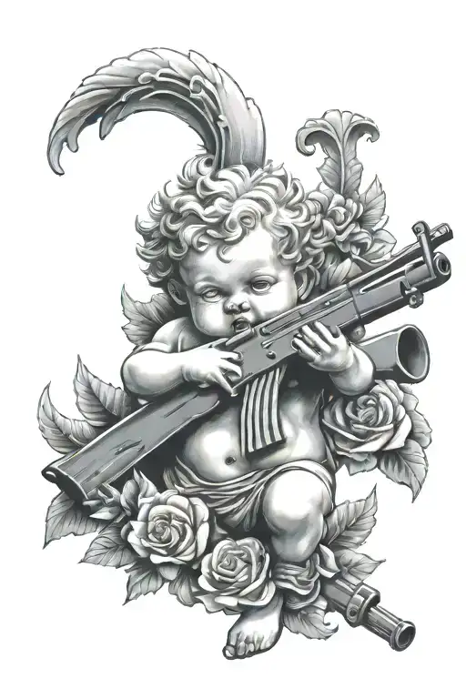Cherub with AK 47 rifle tattoo design idea