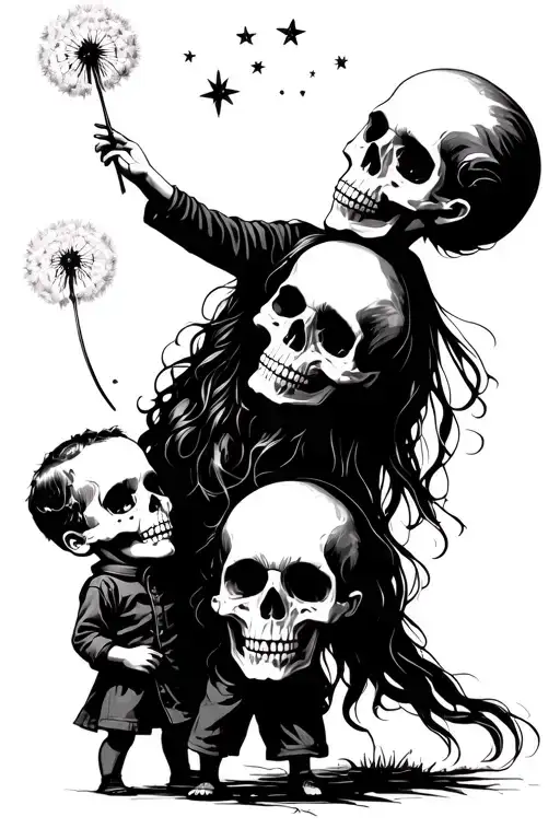 3 skull children oldest boy blowing a dandelion middle aged girl reaching for the stars and youngest boy chasing a butte tattoo design idea