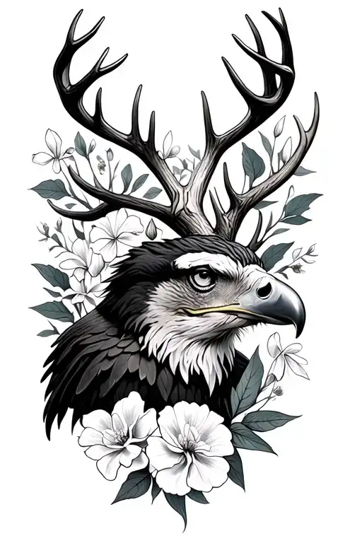 deer antlers, carnation flower, snowdrop flower, and eagle wins tattoo design idea