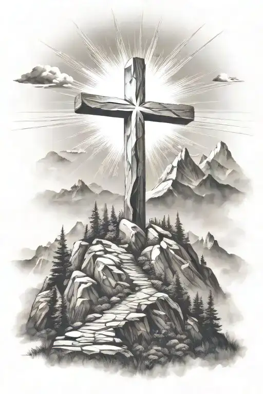 christian cross summit of a mountain landscape ray of sunshine tattoo design idea