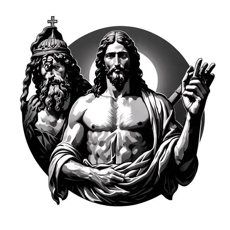 Jesus Christ standing with man behind him the lord will fight for you; you need only to be still tattoo design idea