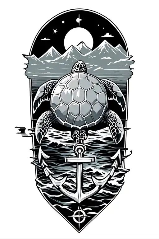 Sea turtle, ocean, mountains, anchor, compass tattoo design idea