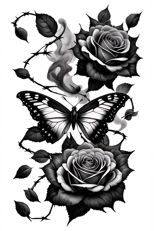 butterfly, two thorny roses surrounding, falling rose pedals fading into smoke, barbed wire wrapping tattoo design idea