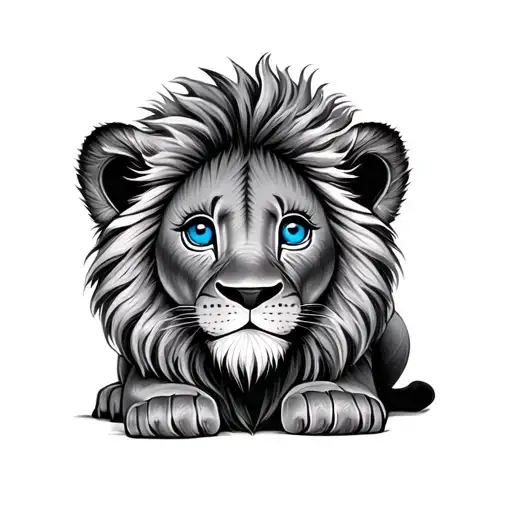 cute baby lion with blue eyes tattoo design idea