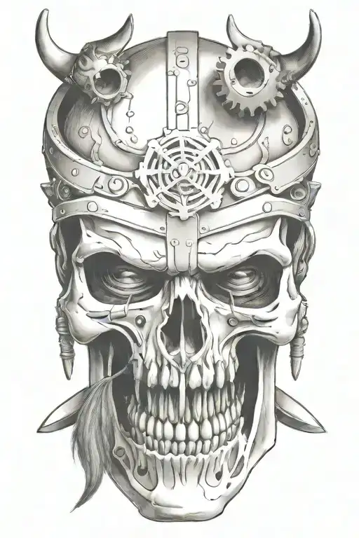 viking skull, crossed swords, surounded by gears and engine pistons tattoo design idea