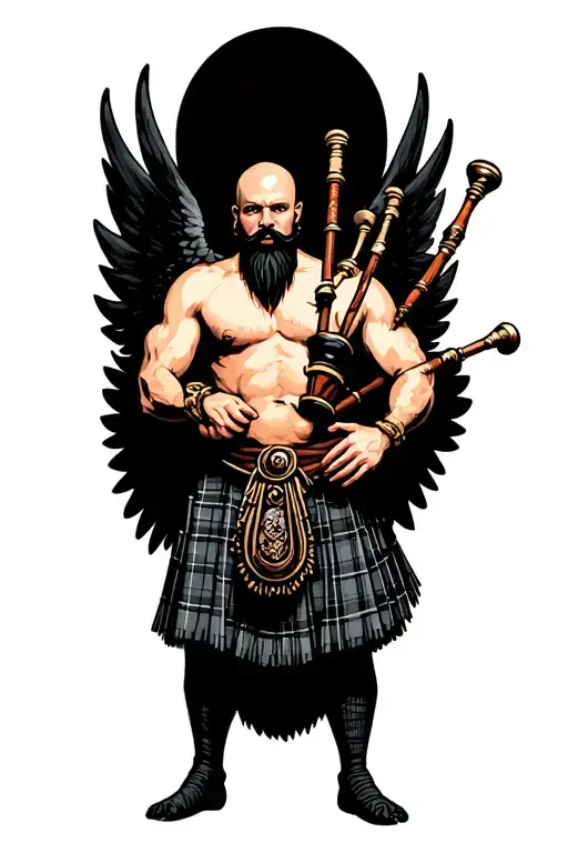 no legs shirtless muscular bagpiper bald black beard playing bagpipes hoge black wings tattoo design idea