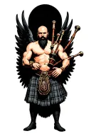 no legs shirtless muscular bagpiper bald black beard playing bagpipes hoge black wings tattoo design idea