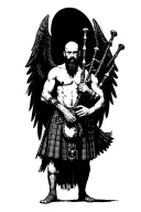 no legs shirtless muscular bagpiper bald black beard playing bagpipes hoge black wings tattoo design idea