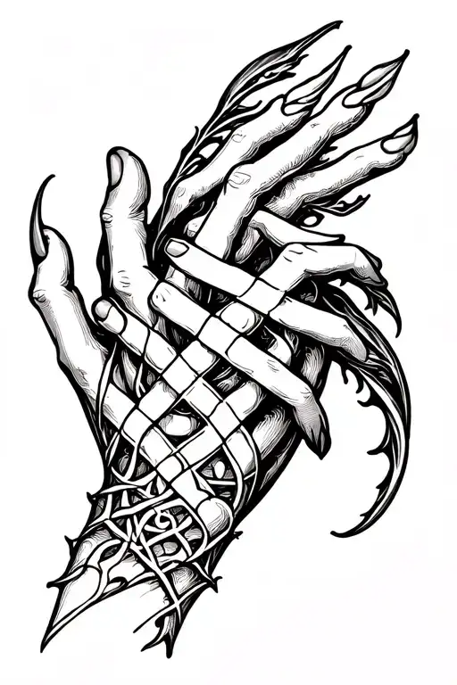 baby hand intertwined with Scandinavian Web of Wyrd symbol, intricate and detailed, minimalist, forearm tattoo design tattoo design idea