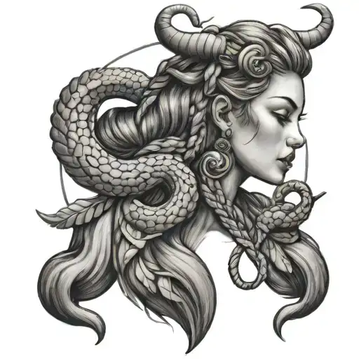 virgo goddess with taurus horns and braided hair into a scorpion tail tattoo design idea