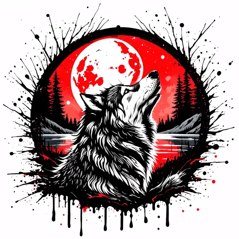 adult wolf howling at the moon in the distance with forest lake behind tattoo design idea