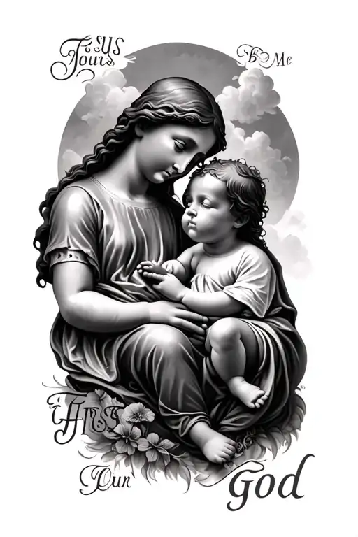 baby jesus and baby me and our first word god tattoo design idea