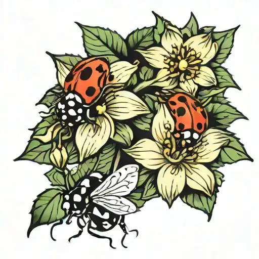 lady bug with holly and narcissus flower tattoo design idea