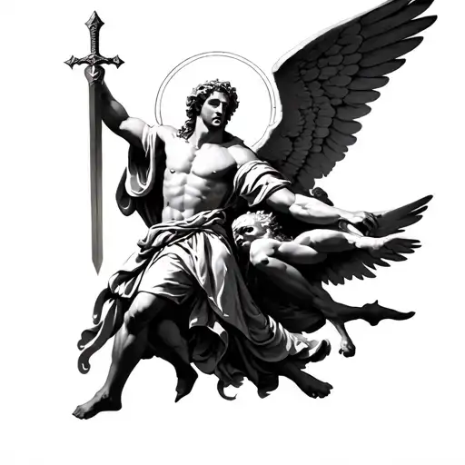 full body image of st Michael wearing a robe defeating an angel with a sword  tattoo design idea