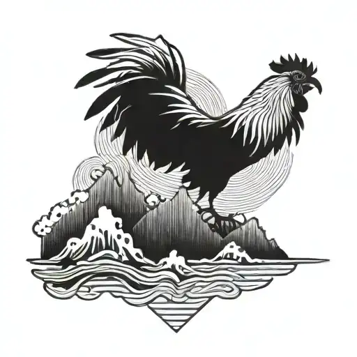 A unique blackwork tattoo of a rooster and chango black bird flying over a mountain range with ocean waves crashing below tattoo design idea