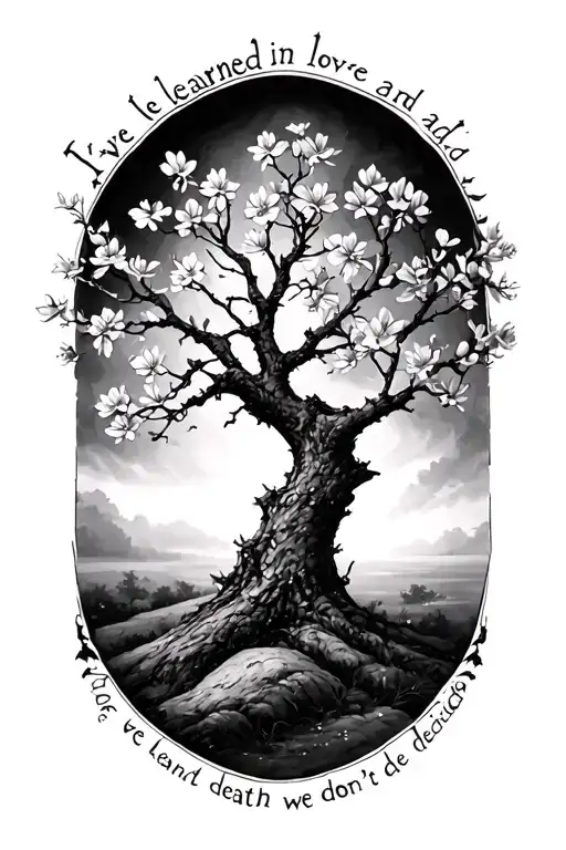 blossom tree, charlotte, nature, "Ive learned in love and death we dont decide" tattoo design idea