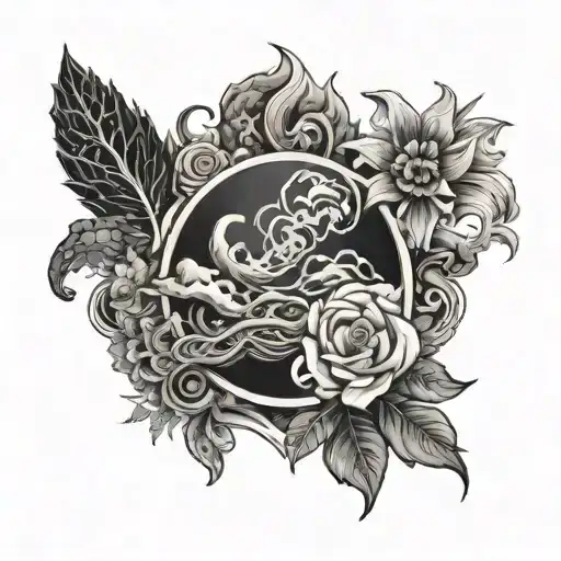 Separated Symbols of air (like wind and tornado), fire, earth (a big rock with elements of lava, crystals and 3 flowers  tattoo design idea