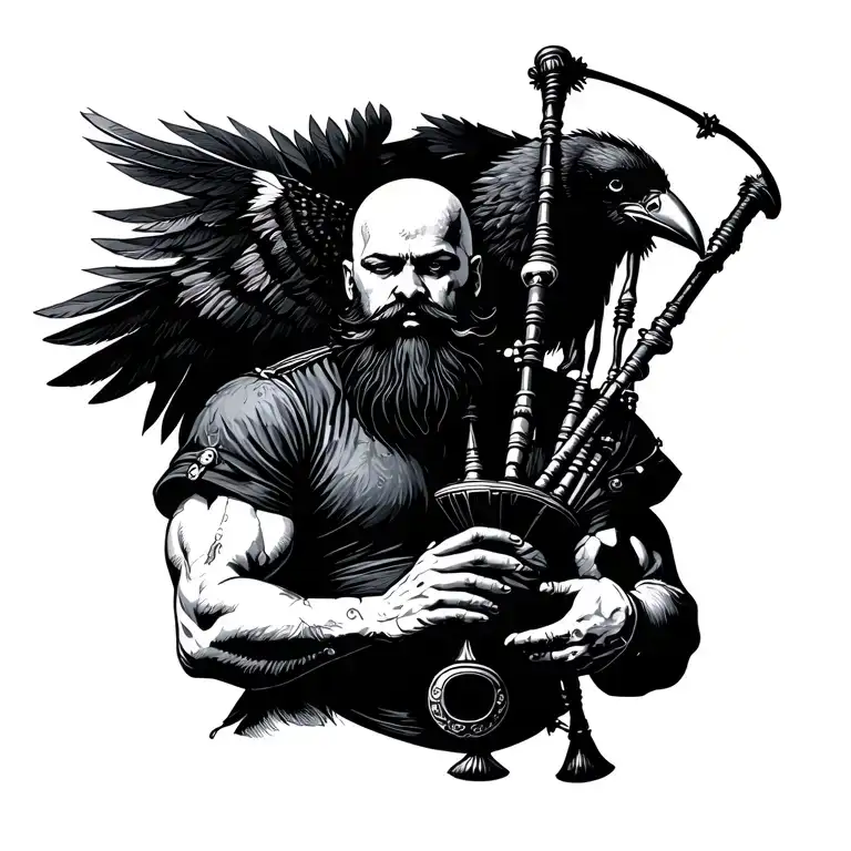 bald bagpiper with black beard with crow featherd muscular body with a mans head and hands playing blackbagpipes tattoo design idea