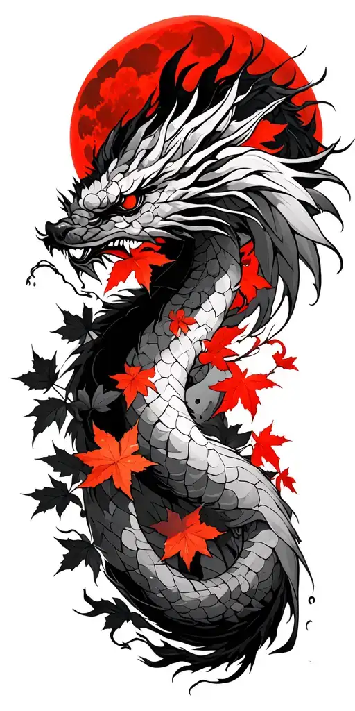 Japanese style maple leafs and cherry blossoms japenese black and amber shading cloud background with red moon dragon  tattoo design idea