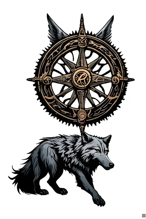 wolf with wheel of time and symbol of resistance tattoo design idea