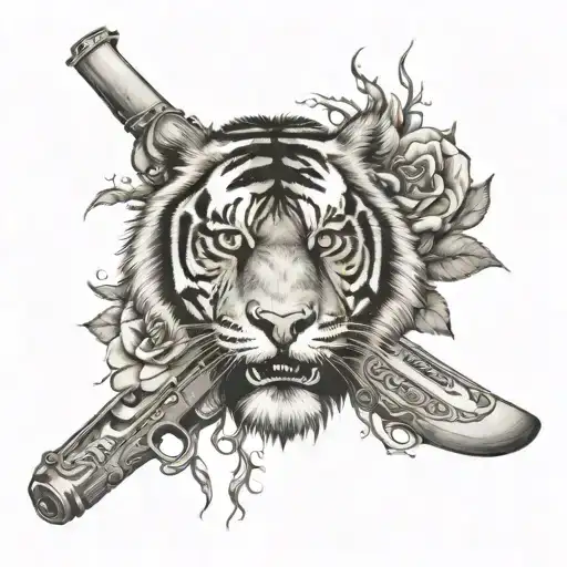 western themed forearm tattoo with tiger, guns, money, roses and thorns with shading  tattoo design idea