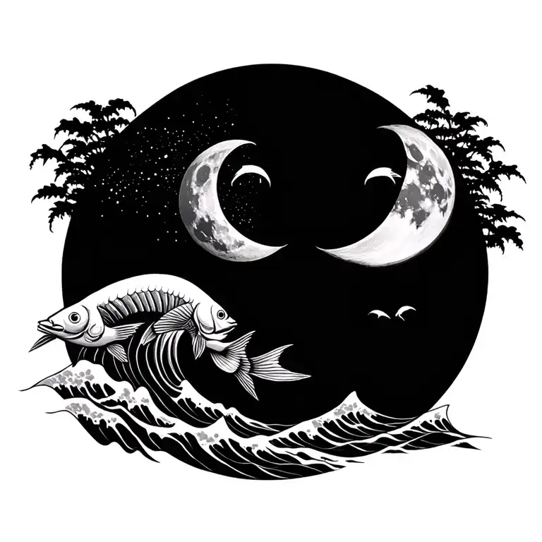 phases of the moon in the middle of the female coast with wave details and two fish in circle tattoo design idea