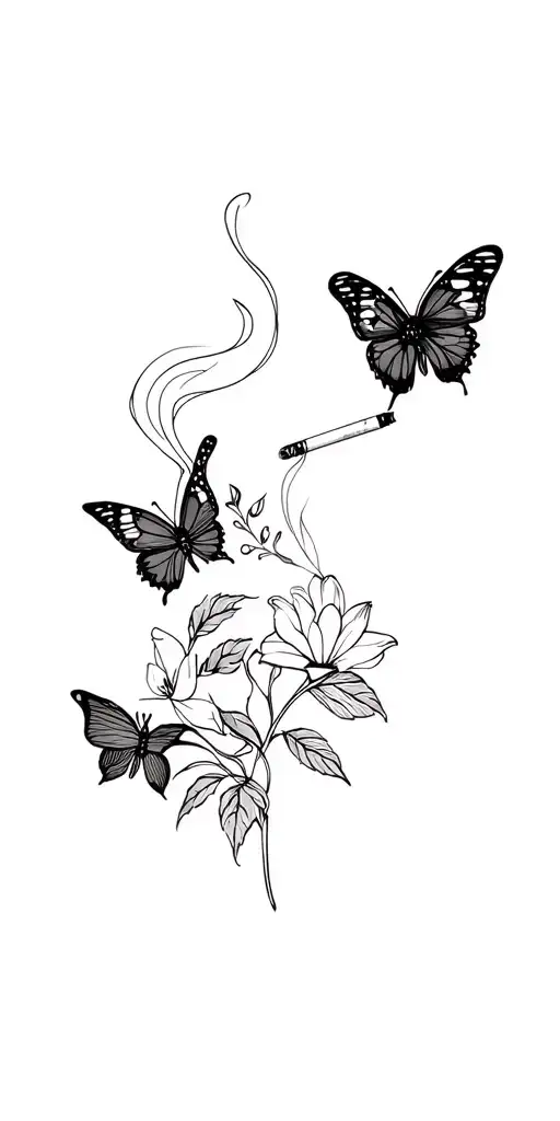 smoking a cigarette with 2 butterfly and flowers tattoo design idea